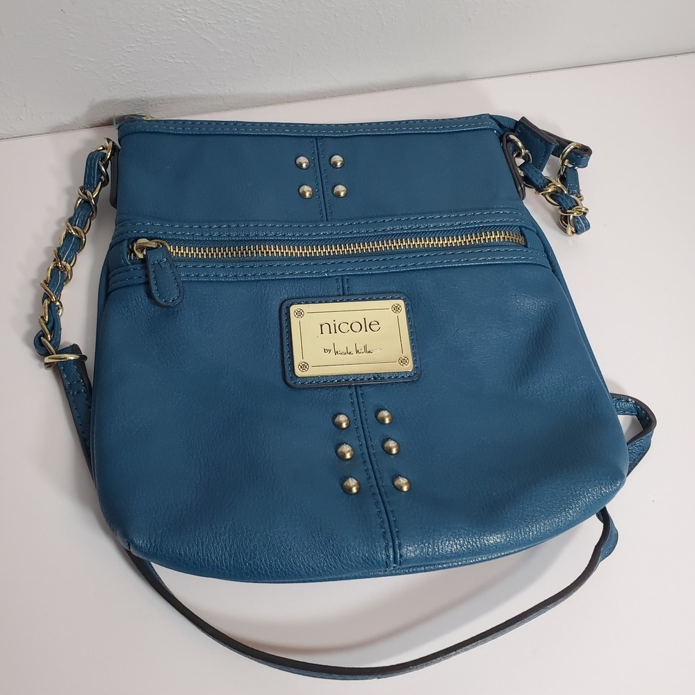 Nicole by Nicole Miller Blue Crossbody‎ Bag Purse Gold Chain Strap Stud Detail - Picture 3 of 11